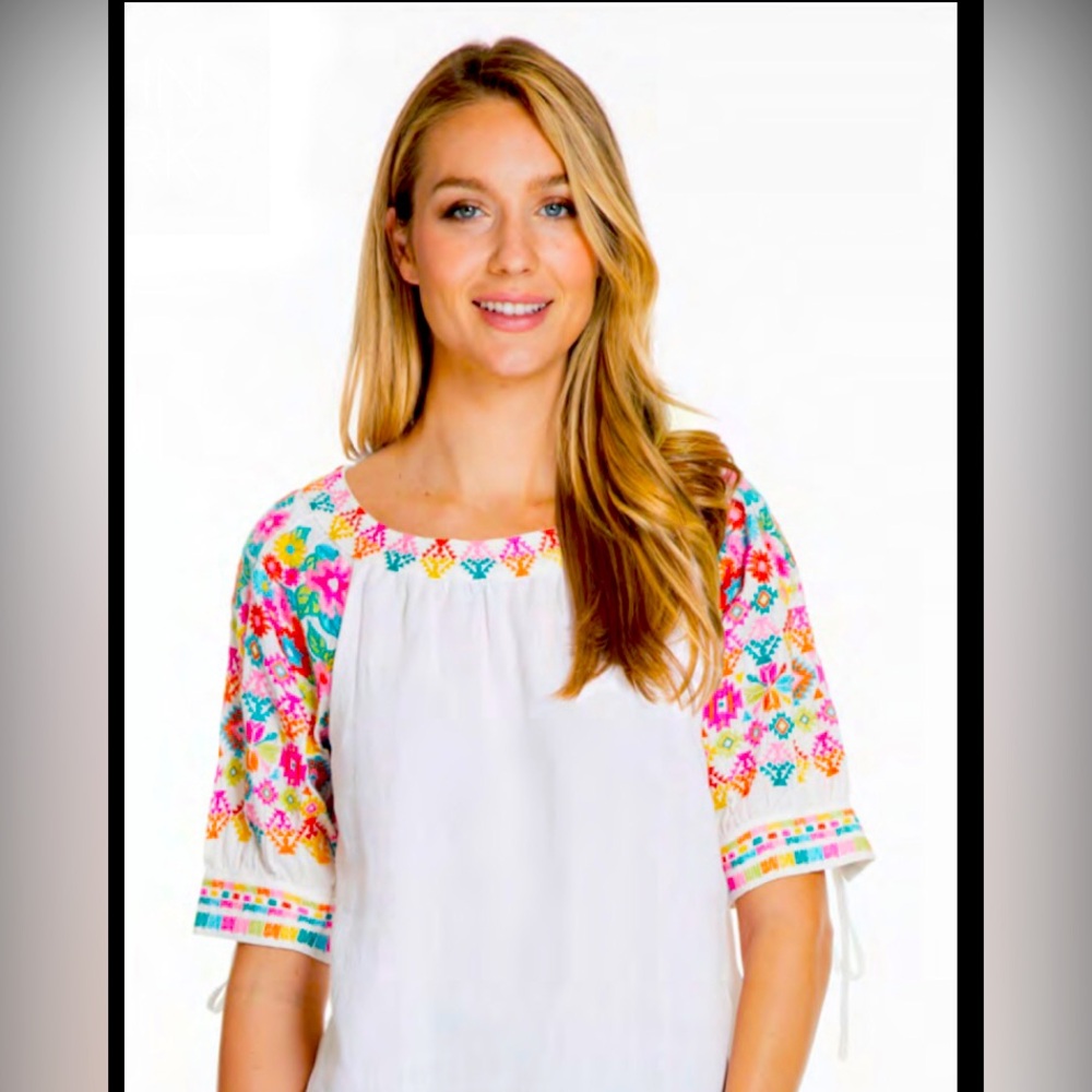 THML- Anthropology- XS (OVERSIZED)- Embroidered Tye-up Sleeved 100% Cotton Top